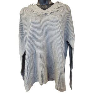 Hooded Sweater Sassy Grey Knit Distressed V-Neck Fringe Detail Womens Medium NEW